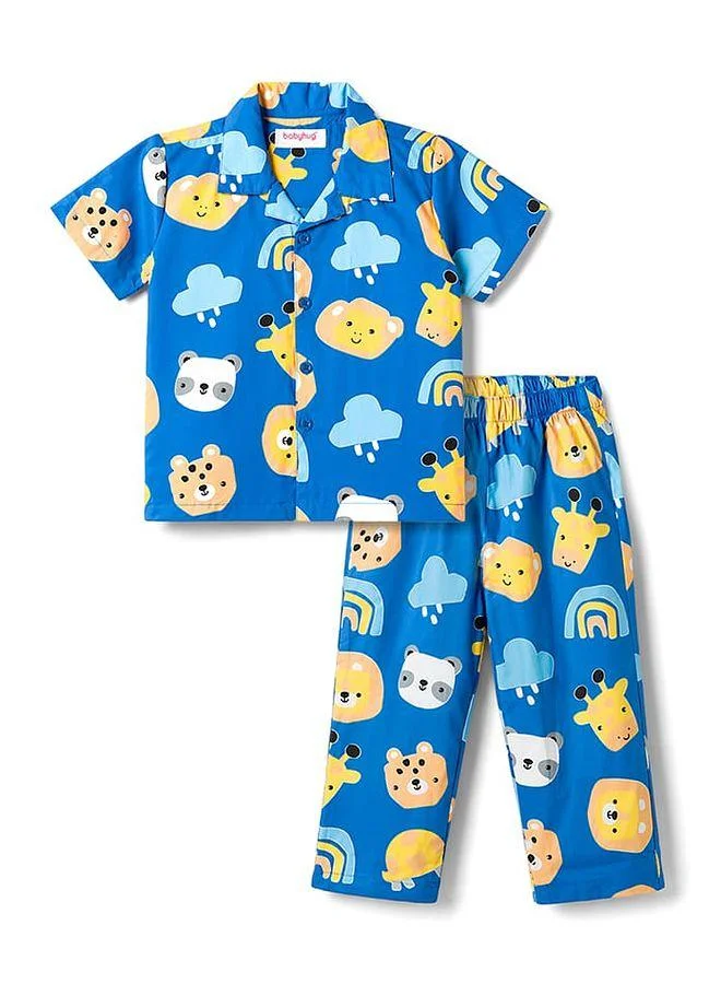 Babyhug Babyhug Cotton Woven Half Sleeves Pajama Set with Animal Print - Blue