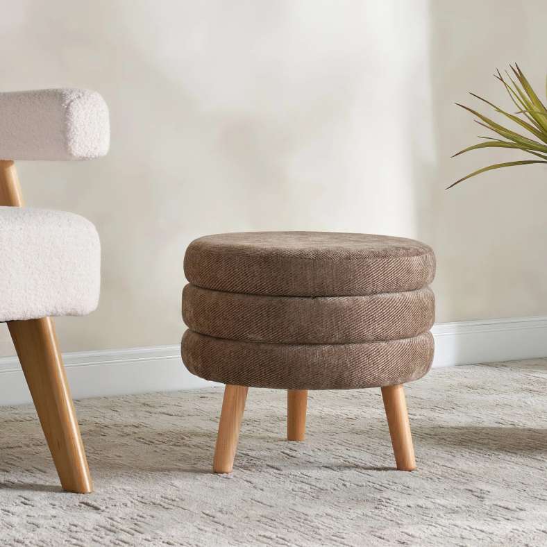 Pan Home Brown Round Pouf With Wooden Legs - Image 1