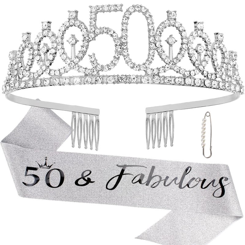 Semato "50 & Fabulous" Birthday Tiara and Sash Kit- 50th Birthday Gifts for Women 50th Birthday Party Decorations (silver) - Image 1