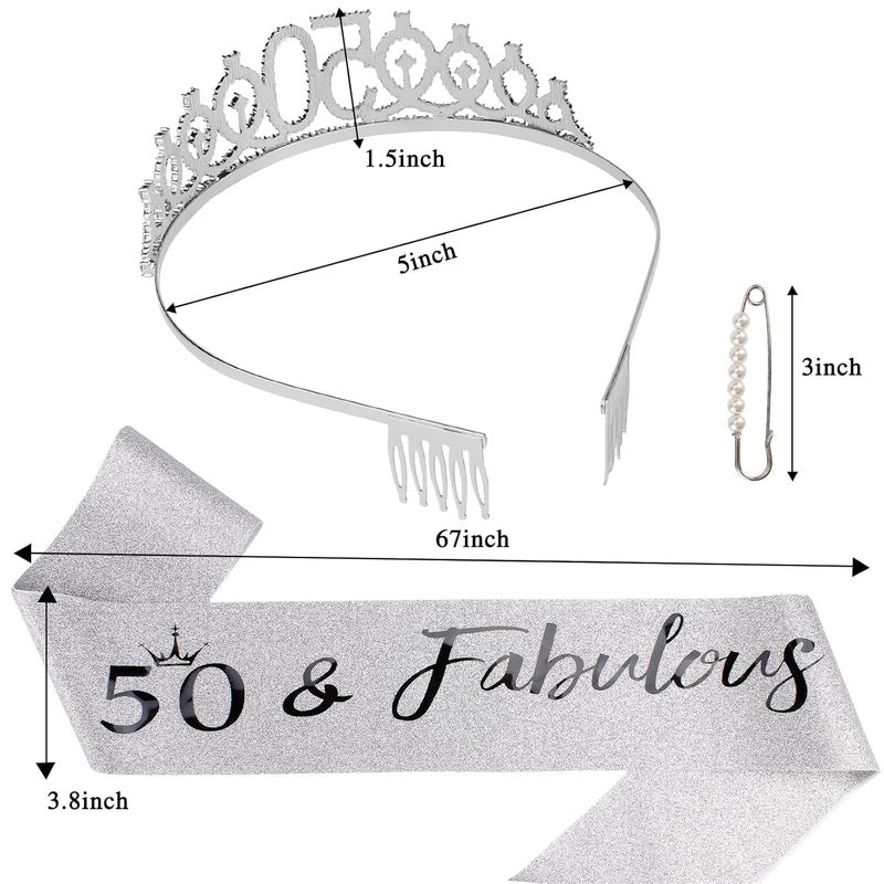 Semato "50 & Fabulous" Birthday Tiara and Sash Kit- 50th Birthday Gifts for Women 50th Birthday Party Decorations (silver) - Image 2