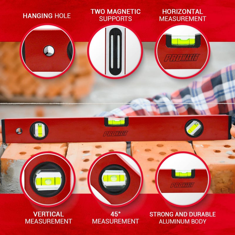 PROMAKER 18 inch Level, Magnetic Level with 180Â° 90Â° 45Â° bubbles, Shock Resistant, Aluminum Body, Level Tool with Overhead Viewing for Comfortable read PRO-NV030 - Image 2
