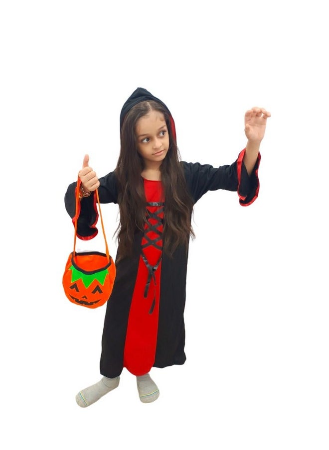 BookMyCostume BookMyCostume Red and Black Halloween Costume for Girls | Witch costume for girls Gown with scary attached hood and Pumpkin Basket Combo 4-5 Years  - Image 1
