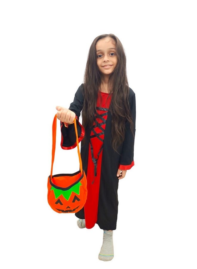 BookMyCostume BookMyCostume Red and Black Halloween Costume for Girls | Witch costume for girls Gown with scary attached hood and Pumpkin Basket Combo 4-5 Years  - Image 4
