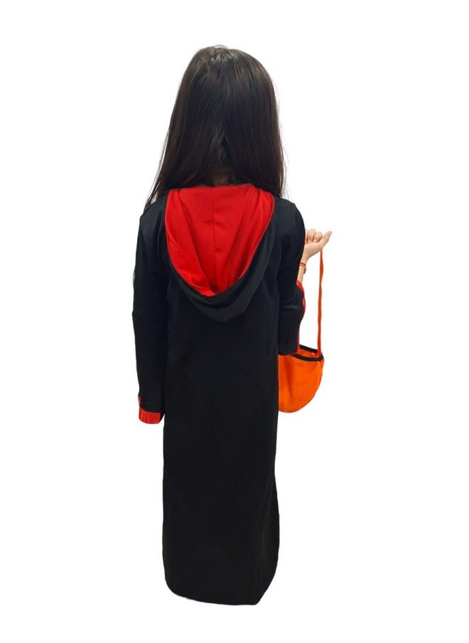 BookMyCostume BookMyCostume Red and Black Halloween Costume for Girls | Witch costume for girls Gown with scary attached hood and Pumpkin Basket Combo 4-5 Years  - Image 3