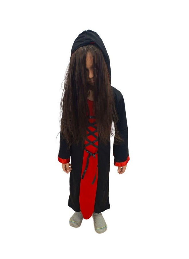 BookMyCostume BookMyCostume Red and Black Halloween Costume for Girls | Witch costume for girls Gown with scary attached hood and Pumpkin Basket Combo 4-5 Years  - Image 2