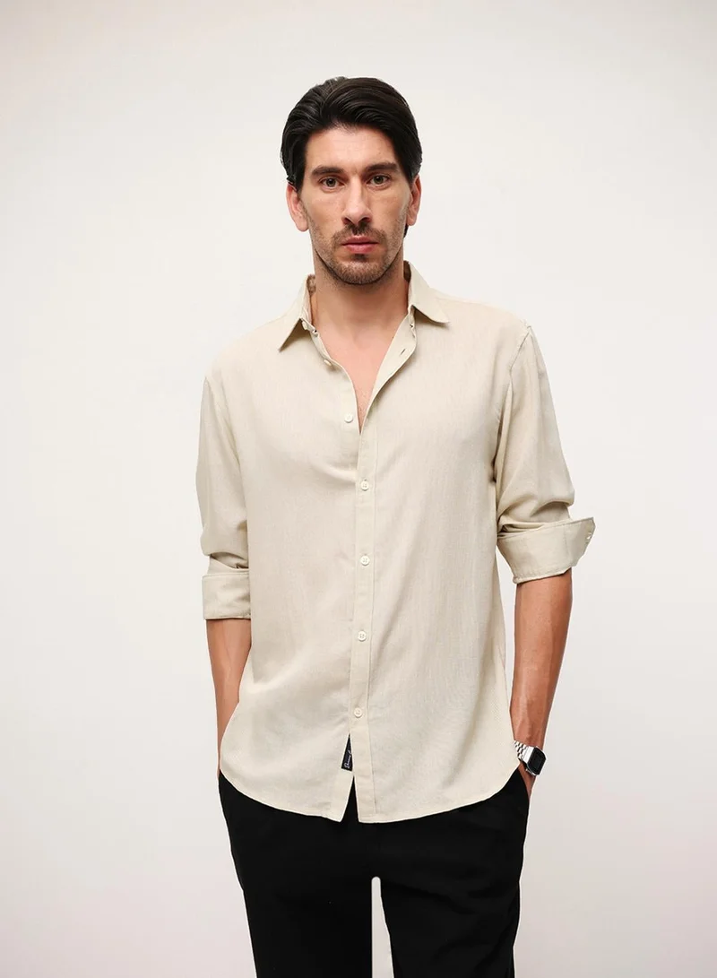 Beige Viscose Blend Solid Print Button Down Relaxed Shirt For Men