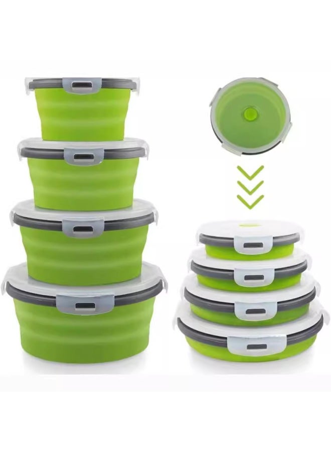 Round Silicone Lunch Box Portable Folding Lunch Box Microwave Oven Lunch Box Plastic Refrigerator Lunch Box Storage Box-Specifications:350ML-Color:Gray Edge Green - Image 2