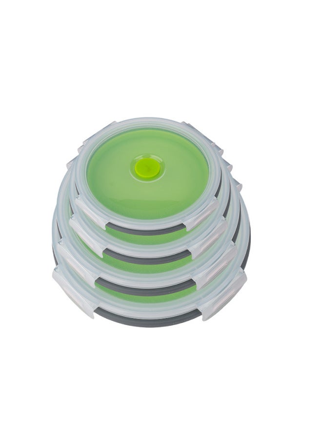 Round Silicone Lunch Box Portable Folding Lunch Box Microwave Oven Lunch Box Plastic Refrigerator Lunch Box Storage Box-Specifications:350ML-Color:Gray Edge Green - Image 1