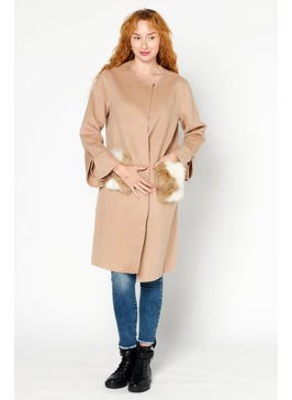 Women Regular Fit Textured Trench Coat, Tan