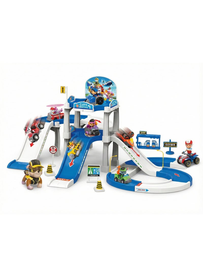 REZZOSS Parking Lot Toy Set Paw Dog Patrol Game – 3-Level Garage Playset with Slide Ramps & Mini Rescue Vehicles | Chase, Marshall & Skye Race Track Game | City Amusement Park Adventure Gift for Kids Boys & Girls | Christmas Birthday Present - Image 1