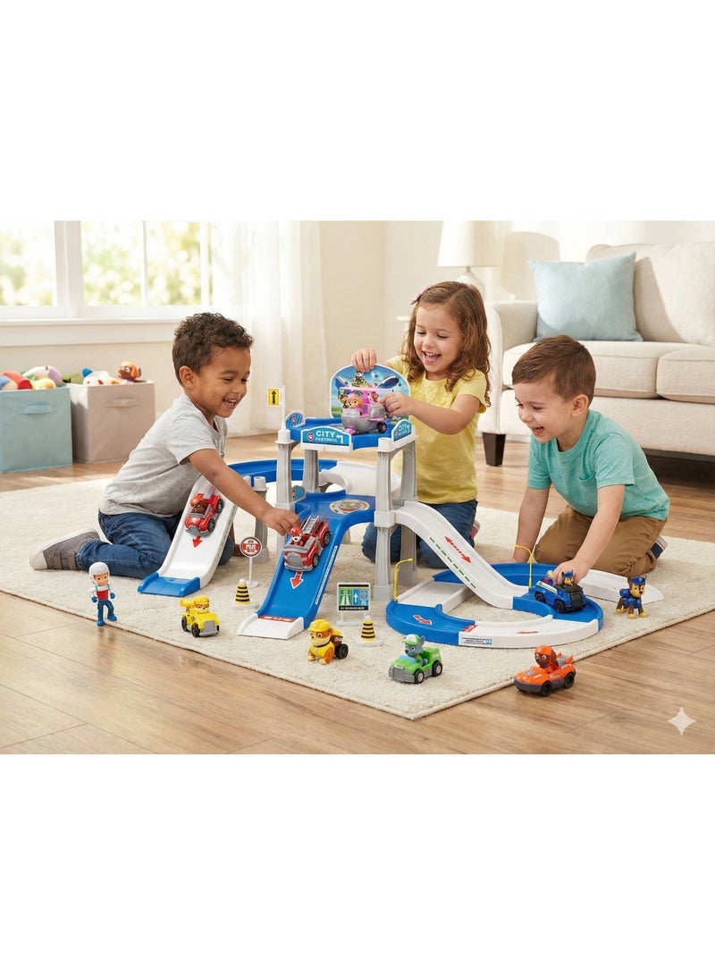 REZZOSS Parking Lot Toy Set Paw Dog Patrol Game – 3-Level Garage Playset with Slide Ramps & Mini Rescue Vehicles | Chase, Marshall & Skye Race Track Game | City Amusement Park Adventure Gift for Kids Boys & Girls | Christmas Birthday Present - Image 4