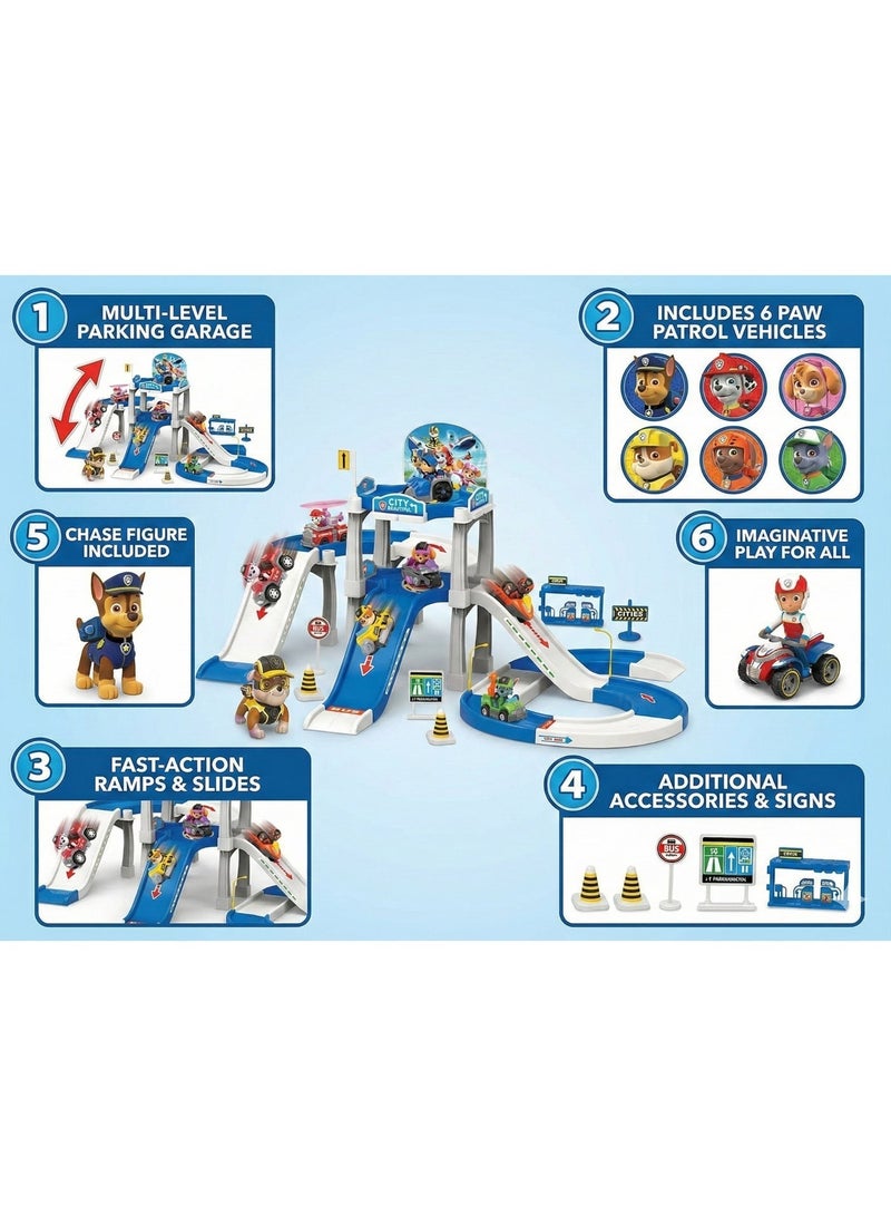 REZZOSS Parking Lot Toy Set Paw Dog Patrol Game – 3-Level Garage Playset with Slide Ramps & Mini Rescue Vehicles | Chase, Marshall & Skye Race Track Game | City Amusement Park Adventure Gift for Kids Boys & Girls | Christmas Birthday Present - Image 3