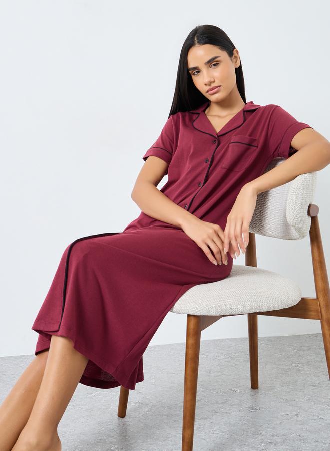 Styli Contrast Piping Buttoned Night Shirt with Pocket - Image 1