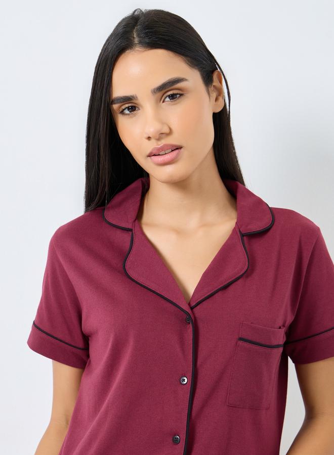 Styli Contrast Piping Buttoned Night Shirt with Pocket - Image 4