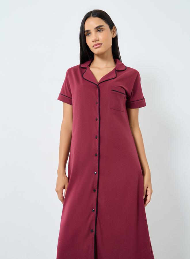 Styli Contrast Piping Buttoned Night Shirt with Pocket - Image 3