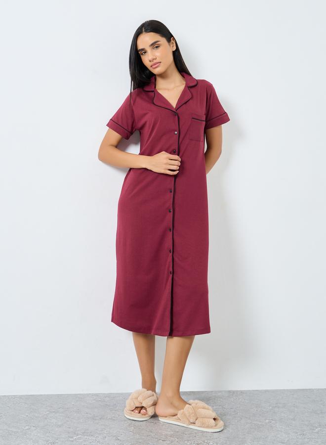 Styli Contrast Piping Buttoned Night Shirt with Pocket - Image 2