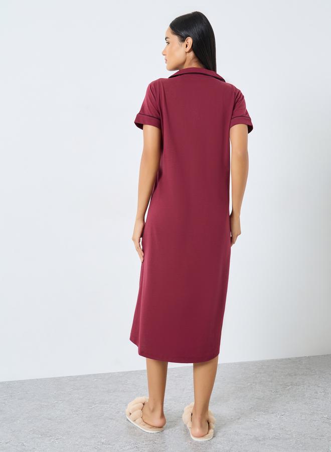 Styli Contrast Piping Buttoned Night Shirt with Pocket - Image 5