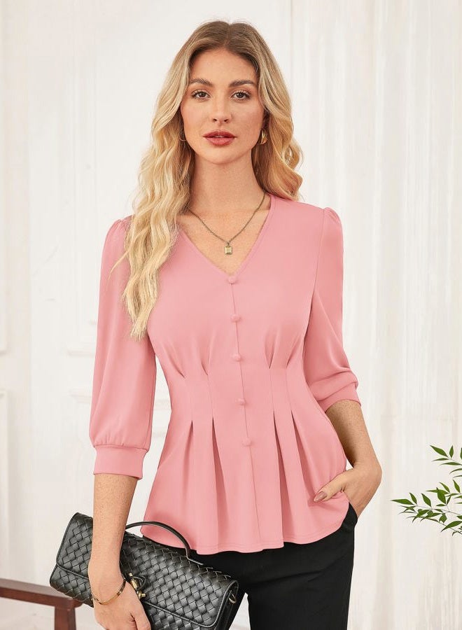 GRACE KARIN Women Business Casual Tops, 2025 Fall Trendy Dressy Blouses, 3/4 Sleeve Peplum Work Shirts V Neck Office Outfits, Light Pink, M - Image 2