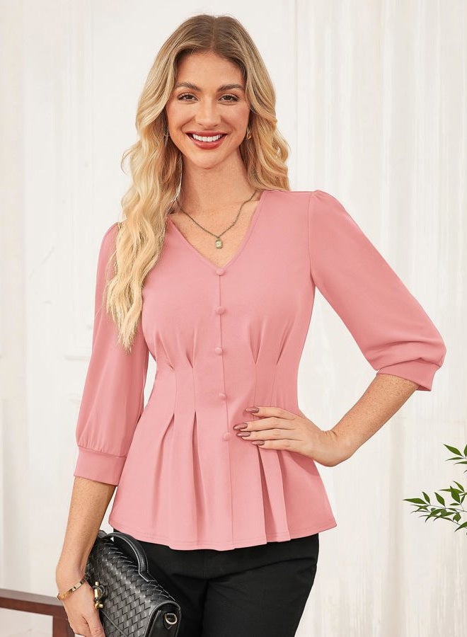 GRACE KARIN Women Business Casual Tops, 2025 Fall Trendy Dressy Blouses, 3/4 Sleeve Peplum Work Shirts V Neck Office Outfits, Light Pink, M - Image 5