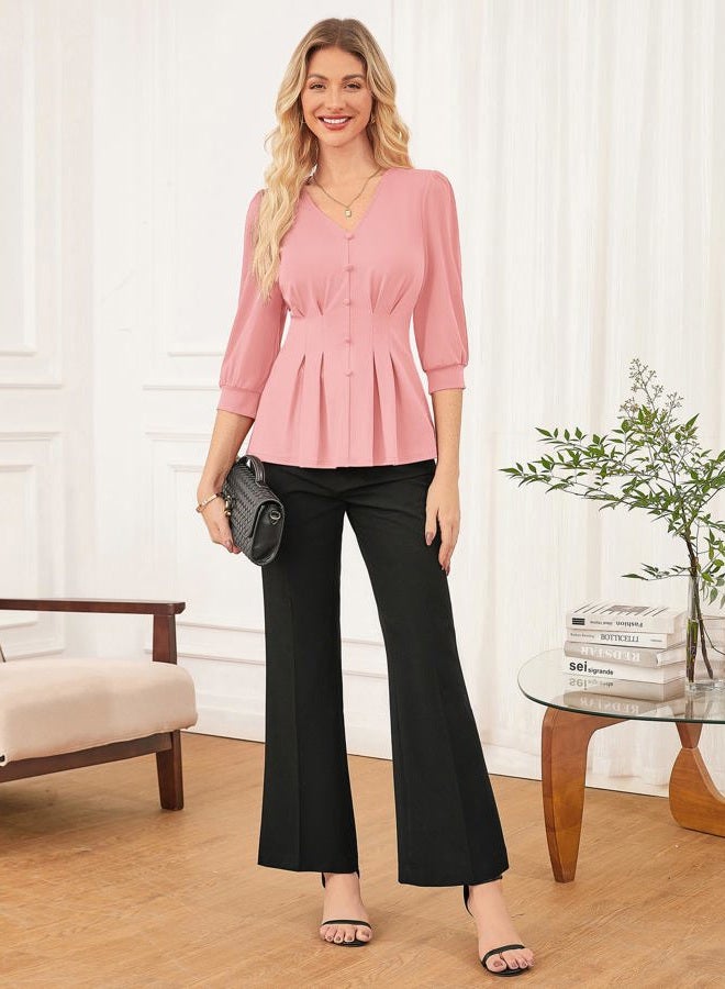 GRACE KARIN Women Business Casual Tops, 2025 Fall Trendy Dressy Blouses, 3/4 Sleeve Peplum Work Shirts V Neck Office Outfits, Light Pink, M - Image 4