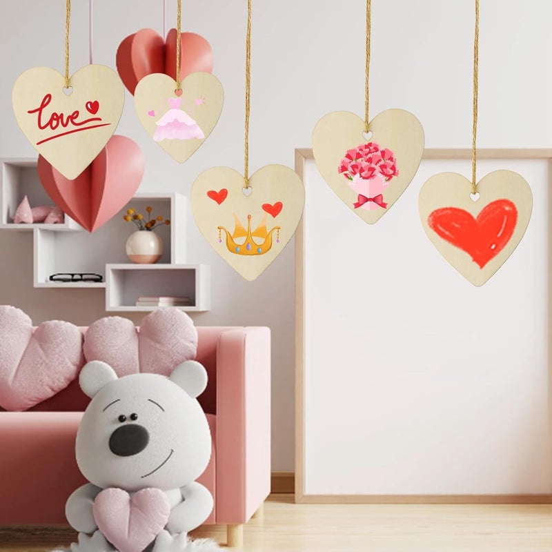 Tmflexe Heart Shape 50Pcs Unfinished Wooden Valentine Ornaments Mother's Day Christmas Craft Present Paintable Blank Natural Heart Hanging Wood Slices for Kids DIY Art Crafts - Image 3