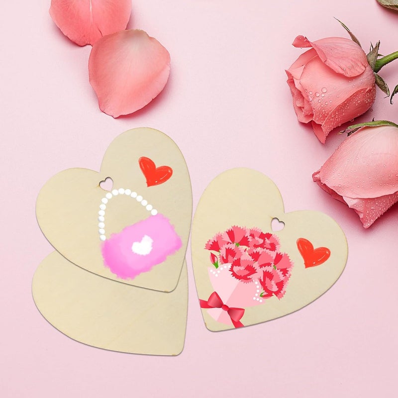 Tmflexe Heart Shape 50Pcs Unfinished Wooden Valentine Ornaments Mother's Day Christmas Craft Present Paintable Blank Natural Heart Hanging Wood Slices for Kids DIY Art Crafts - Image 5