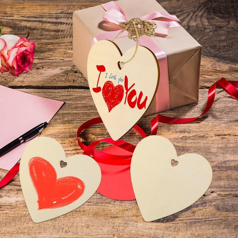 Tmflexe Heart Shape 50Pcs Unfinished Wooden Valentine Ornaments Mother's Day Christmas Craft Present Paintable Blank Natural Heart Hanging Wood Slices for Kids DIY Art Crafts - Image 4