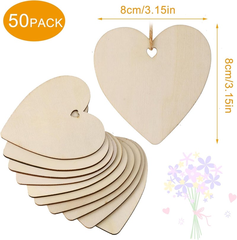 Tmflexe Heart Shape 50Pcs Unfinished Wooden Valentine Ornaments Mother's Day Christmas Craft Present Paintable Blank Natural Heart Hanging Wood Slices for Kids DIY Art Crafts - Image 2