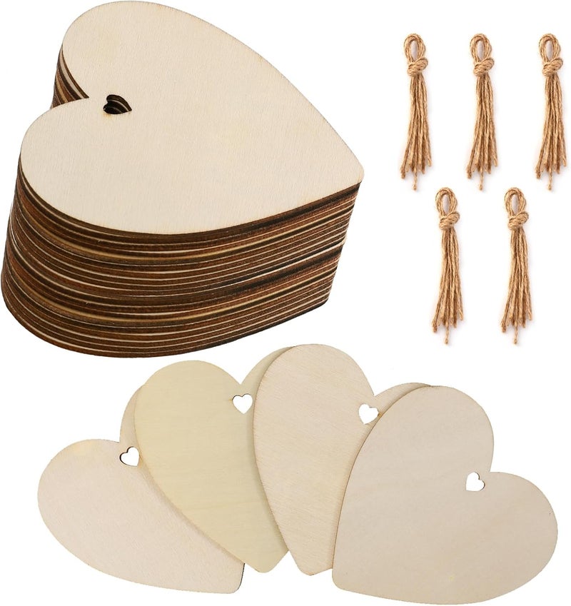 Tmflexe Heart Shape 50Pcs Unfinished Wooden Valentine Ornaments Mother's Day Christmas Craft Present Paintable Blank Natural Heart Hanging Wood Slices for Kids DIY Art Crafts - Image 1