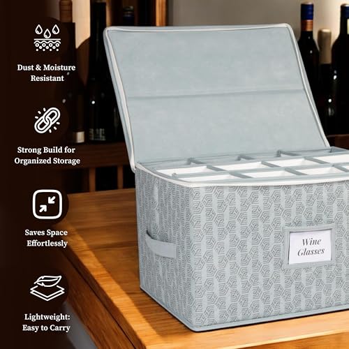 HomeStrap Non-Woven Wine Glass & Stemware Organizer with 12 slots | Hard Shell Design with Handles, Zipper & Label Slot | Waterproof & Dustproof Glassware Storage Box | Grey - Image 5
