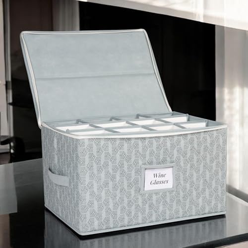 HomeStrap Non-Woven Wine Glass & Stemware Organizer with 12 slots | Hard Shell Design with Handles, Zipper & Label Slot | Waterproof & Dustproof Glassware Storage Box | Grey - Image 1