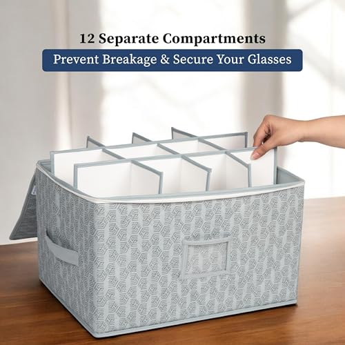HomeStrap Non-Woven Wine Glass & Stemware Organizer with 12 slots | Hard Shell Design with Handles, Zipper & Label Slot | Waterproof & Dustproof Glassware Storage Box | Grey - Image 4