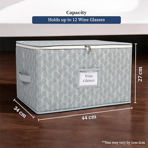 HomeStrap Non-Woven Wine Glass & Stemware Organizer with 12 slots | Hard Shell Design with Handles, Zipper & Label Slot | Waterproof & Dustproof Glassware Storage Box | Grey - Image 2