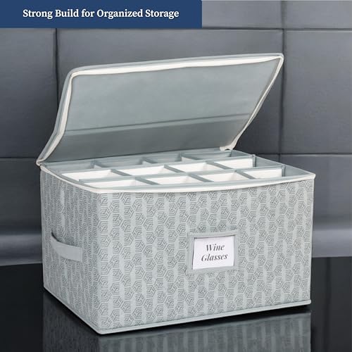 HomeStrap Non-Woven Wine Glass & Stemware Organizer with 12 slots | Hard Shell Design with Handles, Zipper & Label Slot | Waterproof & Dustproof Glassware Storage Box | Grey - Image 3