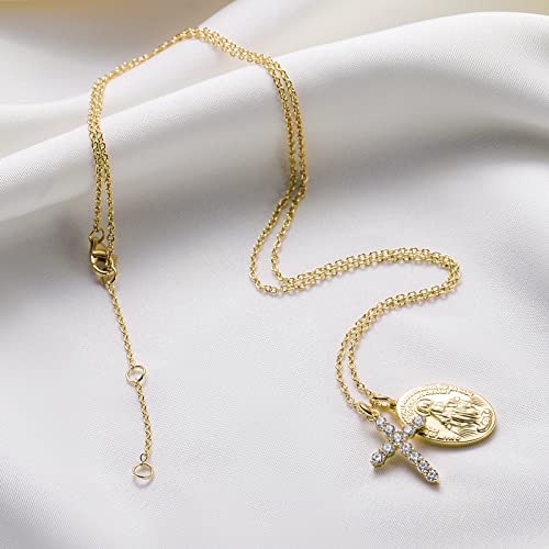 AllenCOCO Gold Cross Necklaces for Women, Crucifix Necklaces, Cubic Zirconia Virgin Mary Necklace, Virgen de Guadalupe, Layered Dainty Pendants Chain - Image 2
