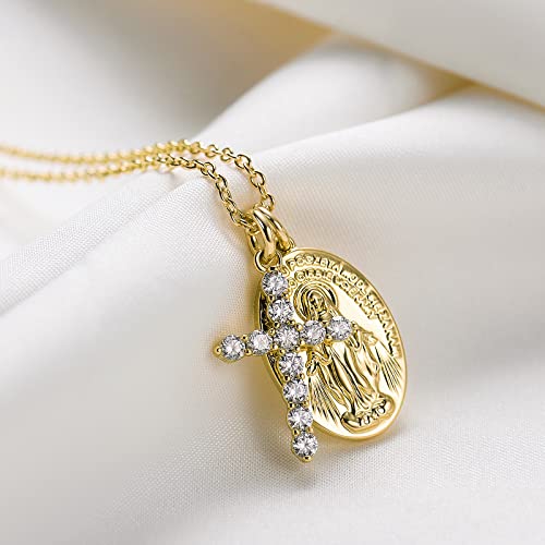 AllenCOCO Gold Cross Necklaces for Women, Crucifix Necklaces, Cubic Zirconia Virgin Mary Necklace, Virgen de Guadalupe, Layered Dainty Pendants Chain - Image 3
