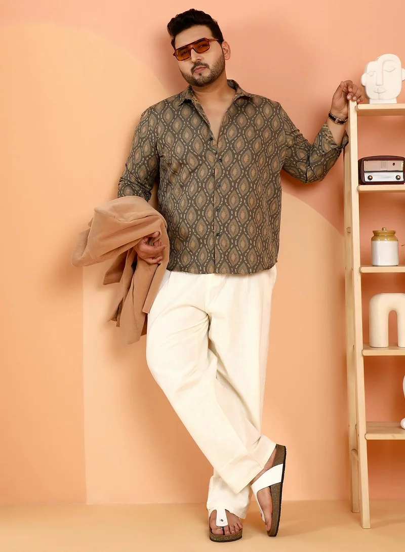 Instafab Plus Instafab Plus Men's Olive Green Leaflet-Block Woven Shirt For Casual Wear | Spread Collar | Long Cuffed Sleeves | Button Closure | Plus Size Shirt Crafted With Comfort Fit For Everyday Wear