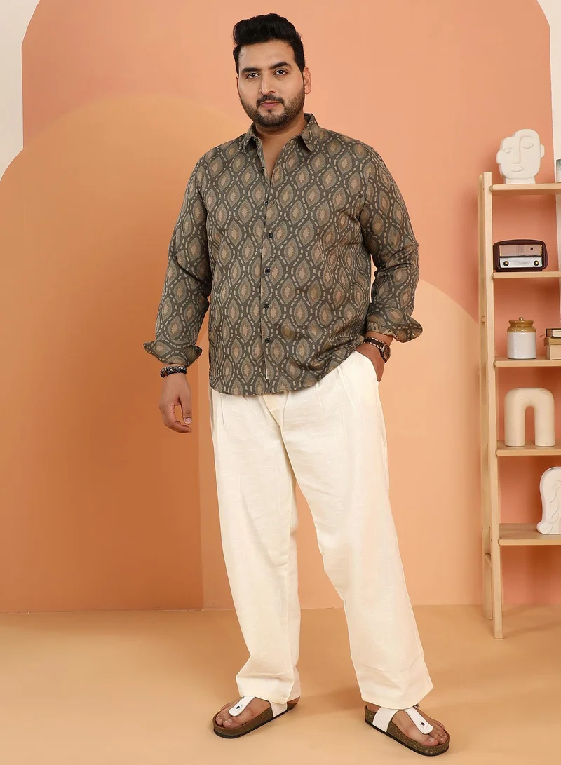 Instafab Plus Instafab Plus Men's Olive Green Leaflet-Block Woven Shirt For Casual Wear | Spread Collar | Long Cuffed Sleeves | Button Closure | Plus Size Shirt Crafted With Comfort Fit For Everyday Wear