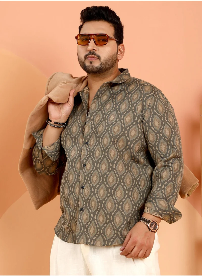 انستافاب بلس Instafab Plus Men's Olive Green Leaflet-Block Woven Shirt For Casual Wear | Spread Collar | Long Cuffed Sleeves | Button Closure | Plus Size Shirt Crafted With Comfort Fit For Everyday Wear