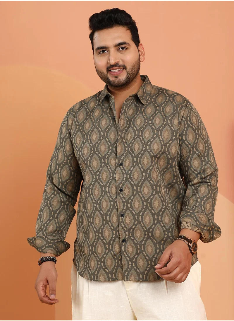 انستافاب بلس Instafab Plus Men's Olive Green Leaflet-Block Woven Shirt For Casual Wear | Spread Collar | Long Cuffed Sleeves | Button Closure | Plus Size Shirt Crafted With Comfort Fit For Everyday Wear