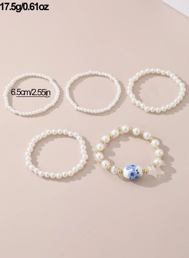 Take Two  Pack of 5 - Girls White Pearl Bracelets with Blue Floral Porcelain Charm for Women | Best Price UAE