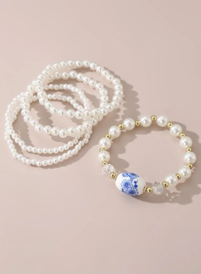 تايك تو Pack of 5 - Girls White Pearl Bracelets with Blue Floral Porcelain Charm