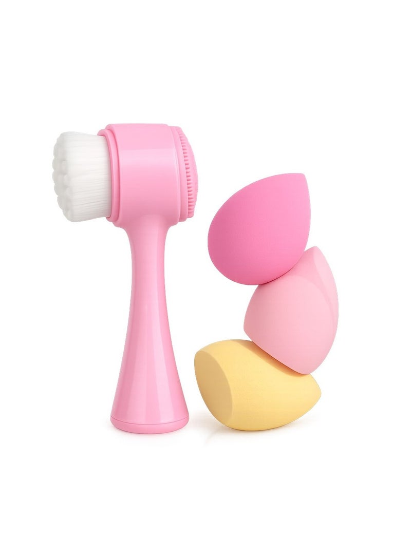 3-Piece Set: Makeup Sponges and Facial Cleansing Brush (White/Pink) - Image 1