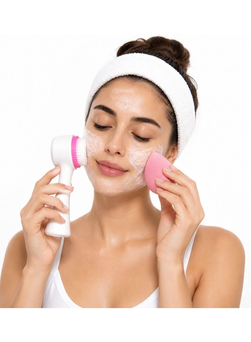 3-Piece Set: Makeup Sponges and Facial Cleansing Brush (White/Pink) - Image 3