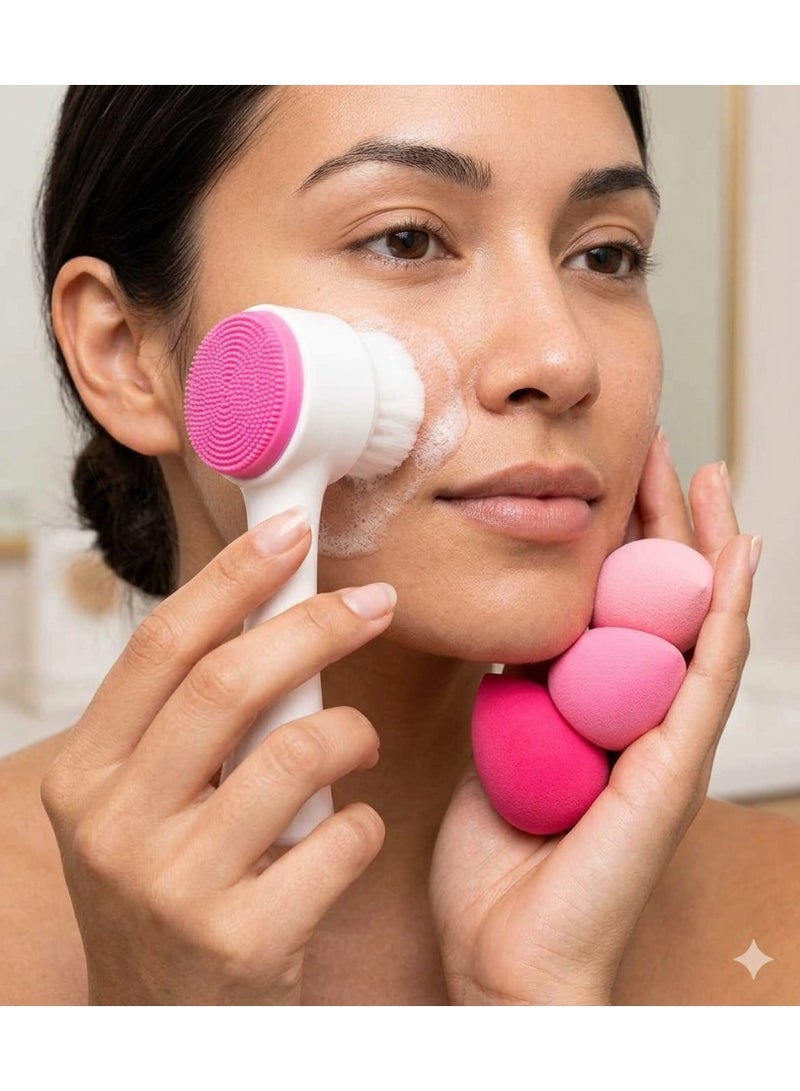 3-Piece Set: Makeup Sponges and Facial Cleansing Brush (White/Pink) - Image 5