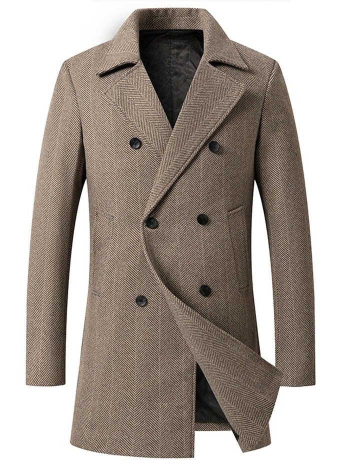 Loquat Mens Trench Coat Wool Blend Top Pea Coat Winter Long Double Breasted Classic Stylish Business Overcoat Khaki  - Image 1