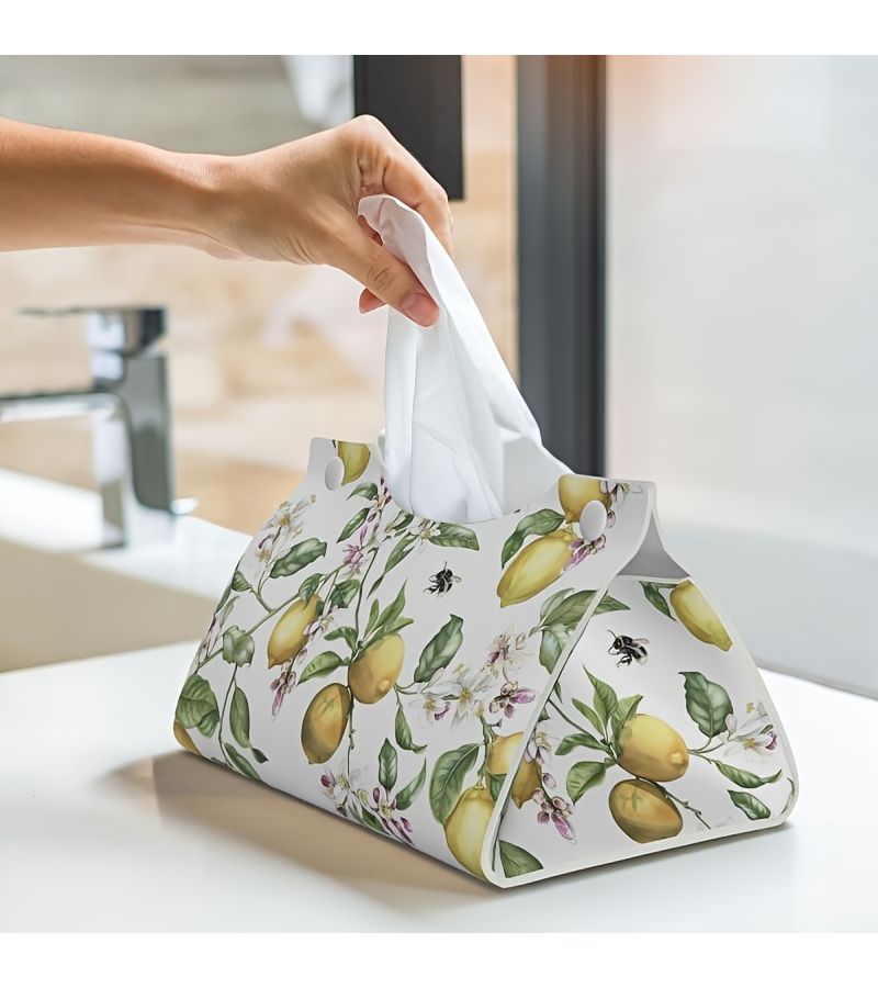 1pc Faux Leather Tissue Box With Lemon Bird Pattern Desktop Tissue Holder - Image 1