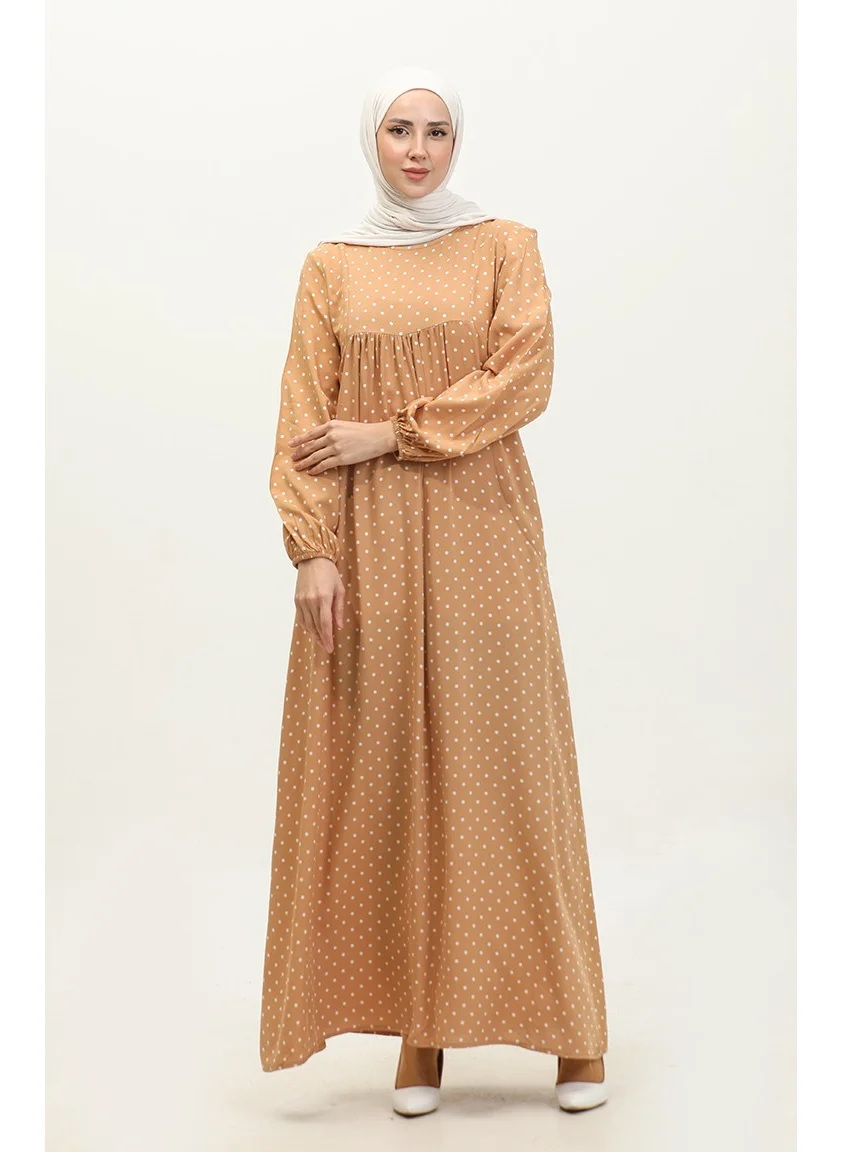 Sefa Merve Polka Dot Patterned Pleated Dress 2028-01 Milky Coffee