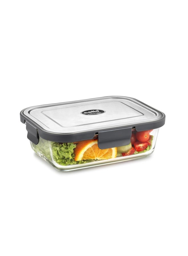 CELLO Steel-O Fresh Rectangle Toughened Glass Container 1050ml, Grey | Multipurpose Storage | Microwave, Oven, Freezer & Dishwasher Safe | Leakproof Lid | Glass Container For Kitchen, Fridge & Office