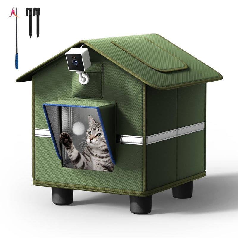 banxye Outdoor Cat House for Outside with Camera Cat-Attracting Eave Design and Cat Toys Feral Stray Shelter Weatherproof in Garage Yard Porch (Include Camera) - Image 1
